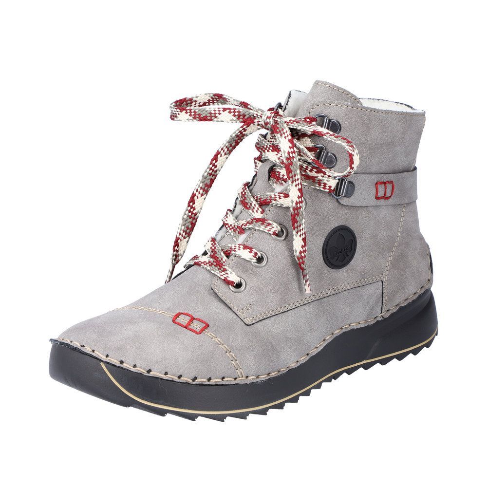 Design Schuh in Grau mit roten Schnürsenkeln